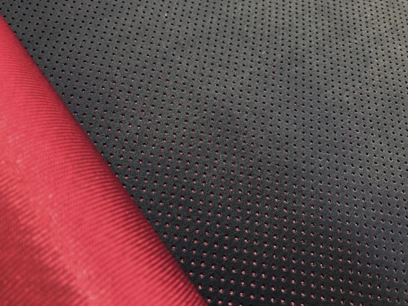 画像2: 【145×50cm単位】最上級 スエード調生地 人工皮革 日本製 【パンチング 黒〜ダークグレー（赤系の裏張あり）穴間隔5mm】（アウトレット） (2)